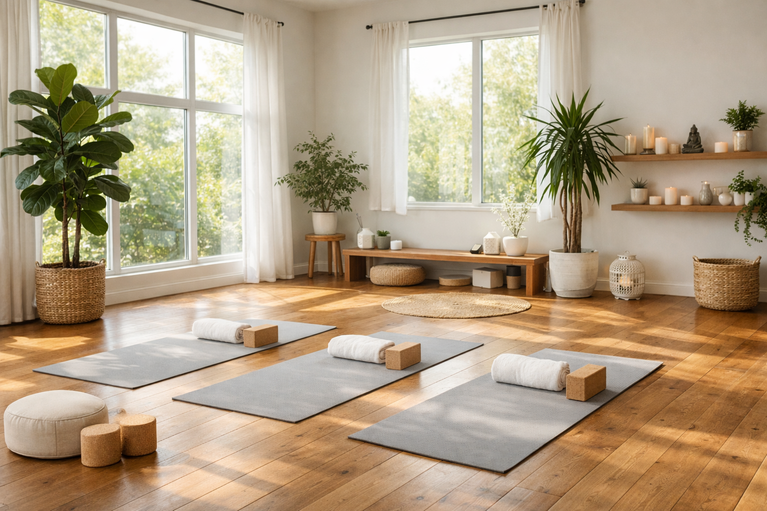 A serene bright indoor wellness studio with natural light streaming through large windows onto smooth wooden floors and green potted plants, minimal modern aesthetic, highly detailed 8k photography --no woman